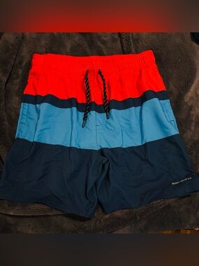Men's Colorblock Swim Shorts in Red, Light Blue & Navy -